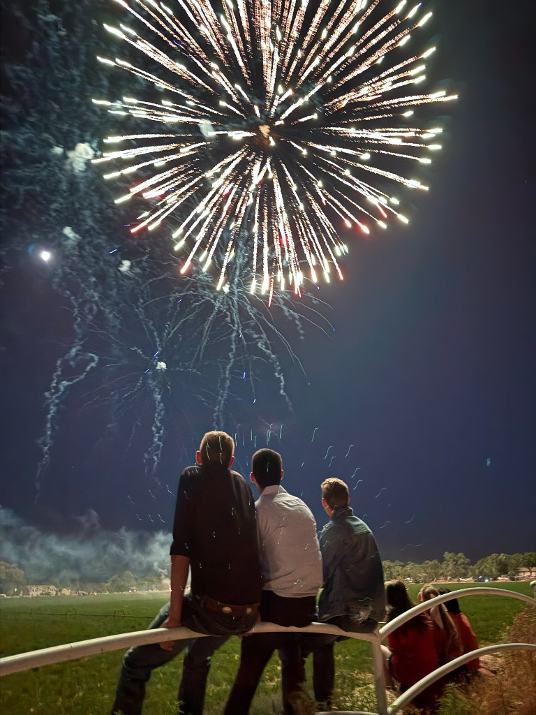 Community members watching fireworks over an open field at night