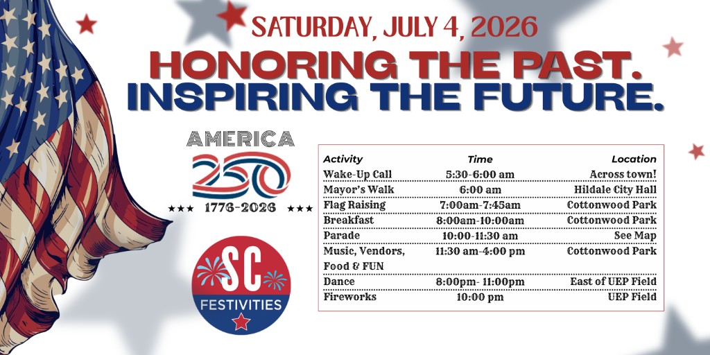 Saturday, July 4, 2026 event schedule for Short Creek Festivities: Wake-Up Call 5:30–6:00 am across town; Mayor's Walk 6:00 am at Hildale City Hall; Flag Raising 7:00–7:45 am at Cottonwood Park; Breakfast 8:00–10:00 am at Cottonwood Park; Parade 10:00–11:30 am; Music, Vendors, Food and Fun 11:30 am–4:00 pm at Cottonwood Park; Dance 8:00–11:00 pm east of UEP Field; Fireworks 10:00 pm at UEP Field.